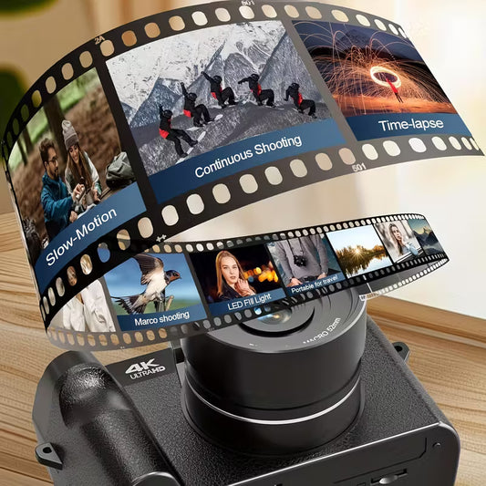 Camera with a film strip displaying various shooting modes on a wooden surface.