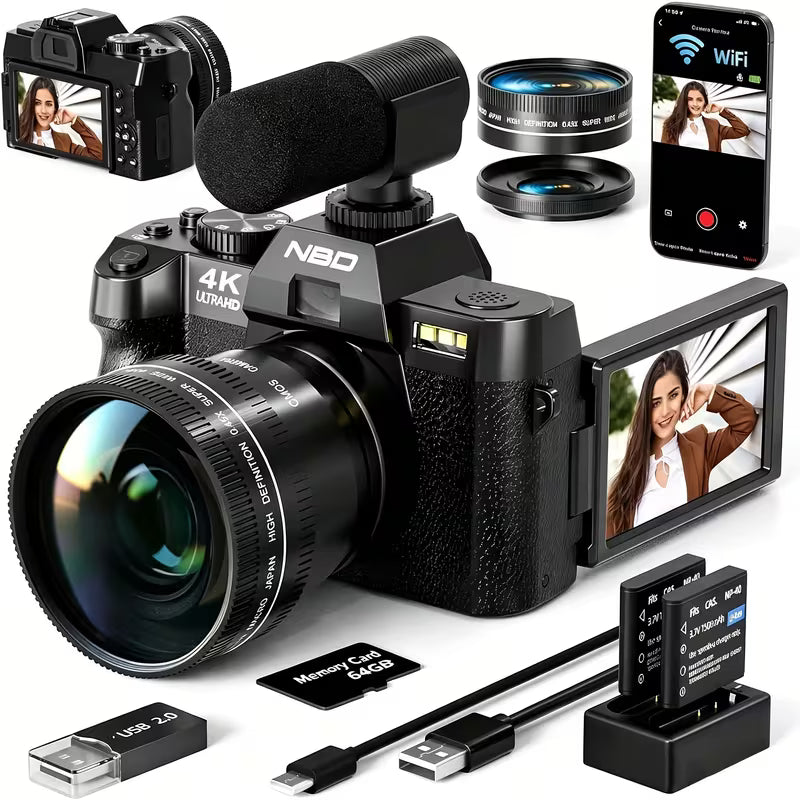 Black NBD 4K Ultra HD digital camera with a large lens, shown with accessories including a microphone, two lenses, a smartphone showing a video call screen, two batteries, a USB cable, and a memory card on a white background.