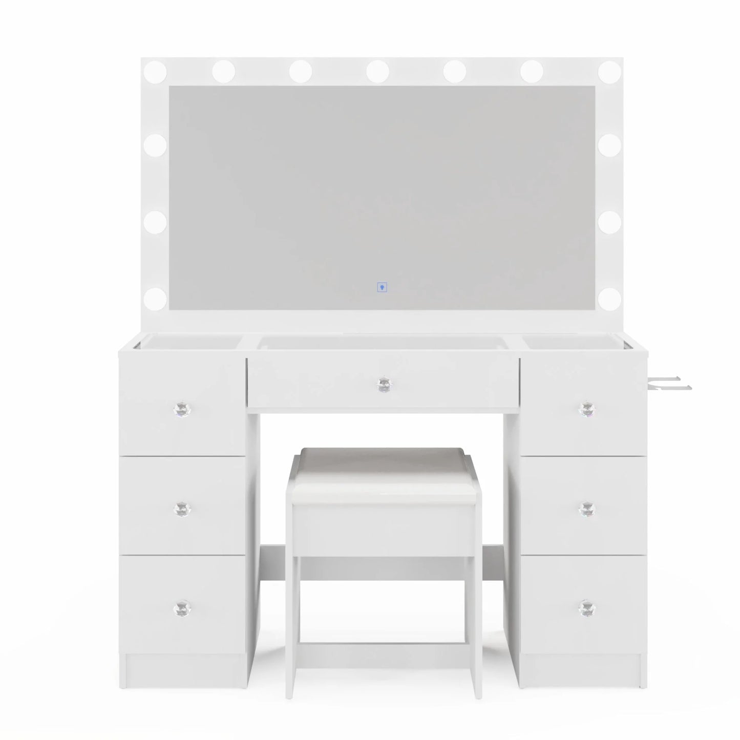 White vanity table set with a large lighted mirror, three drawers on each side, a center drawer, and a matching white stool, shown on a plain white background.