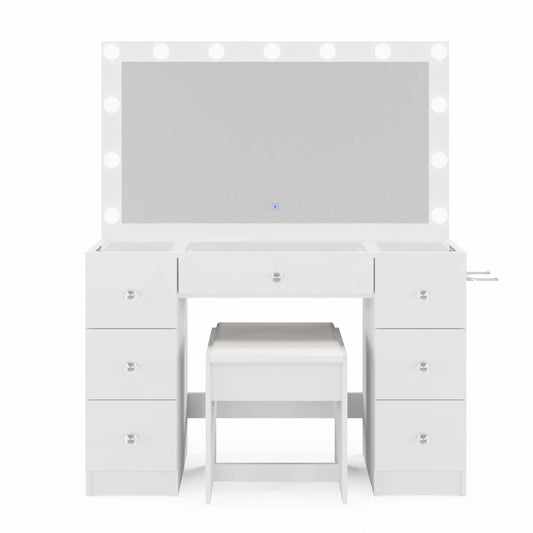 White vanity table set with a large lighted mirror, three drawers on each side, a center drawer, and a matching white stool, shown on a plain white background.