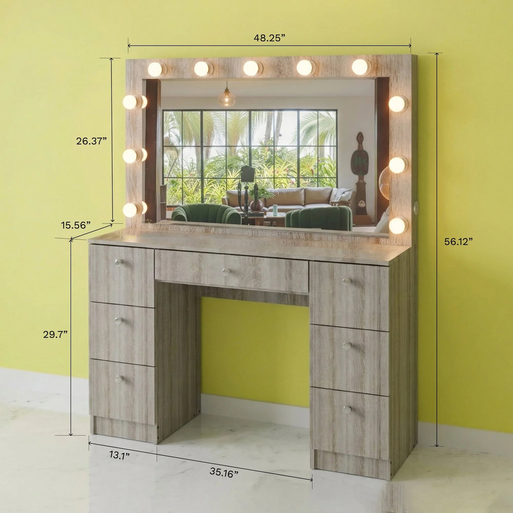A light gray wood-grain vanity table with an integrated mirror, surrounded by round light bulbs, shown with dimension lines and measurements against a yellow wall.