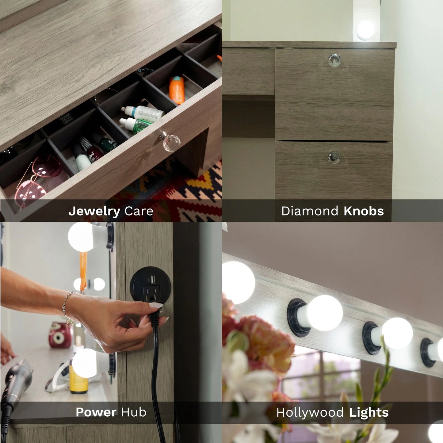 Collage of a jewelry care station, diamond knobs, power hub, and Hollywood lights.