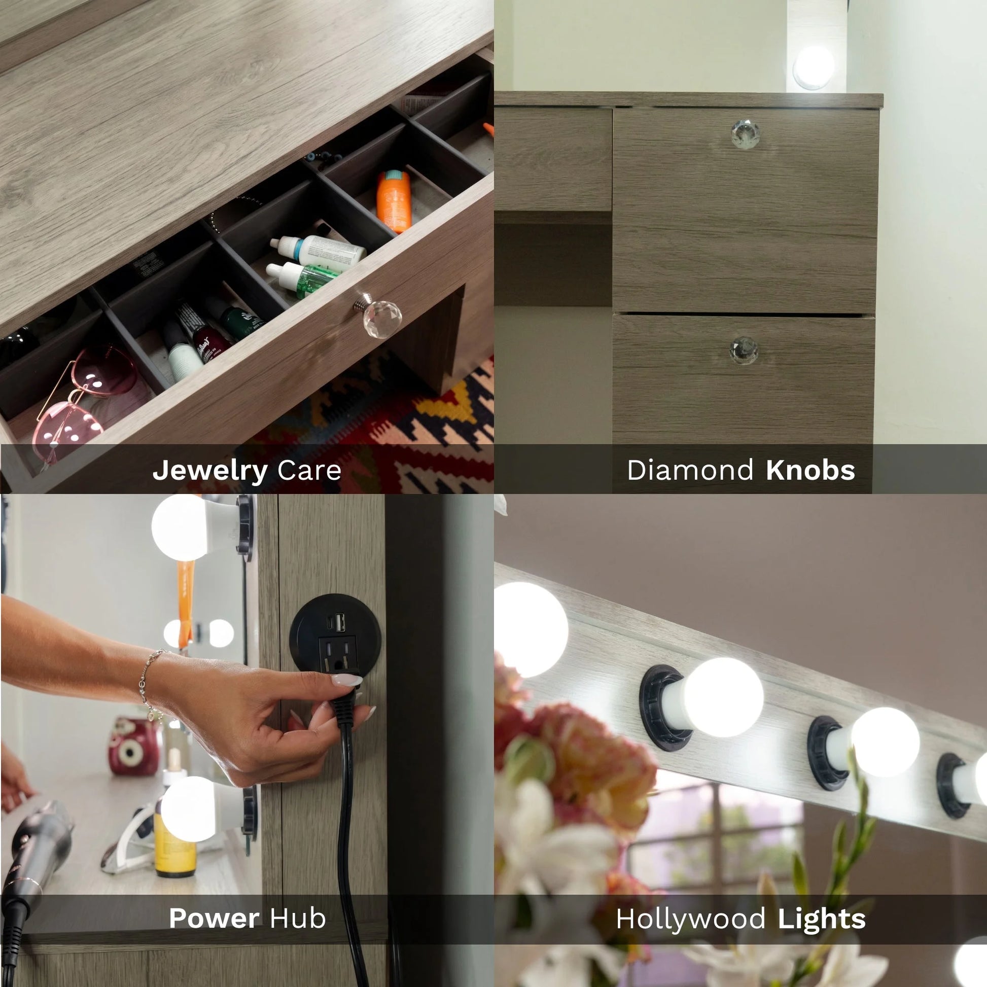 Collage of a jewelry care station, diamond knobs, power hub, and Hollywood lights.