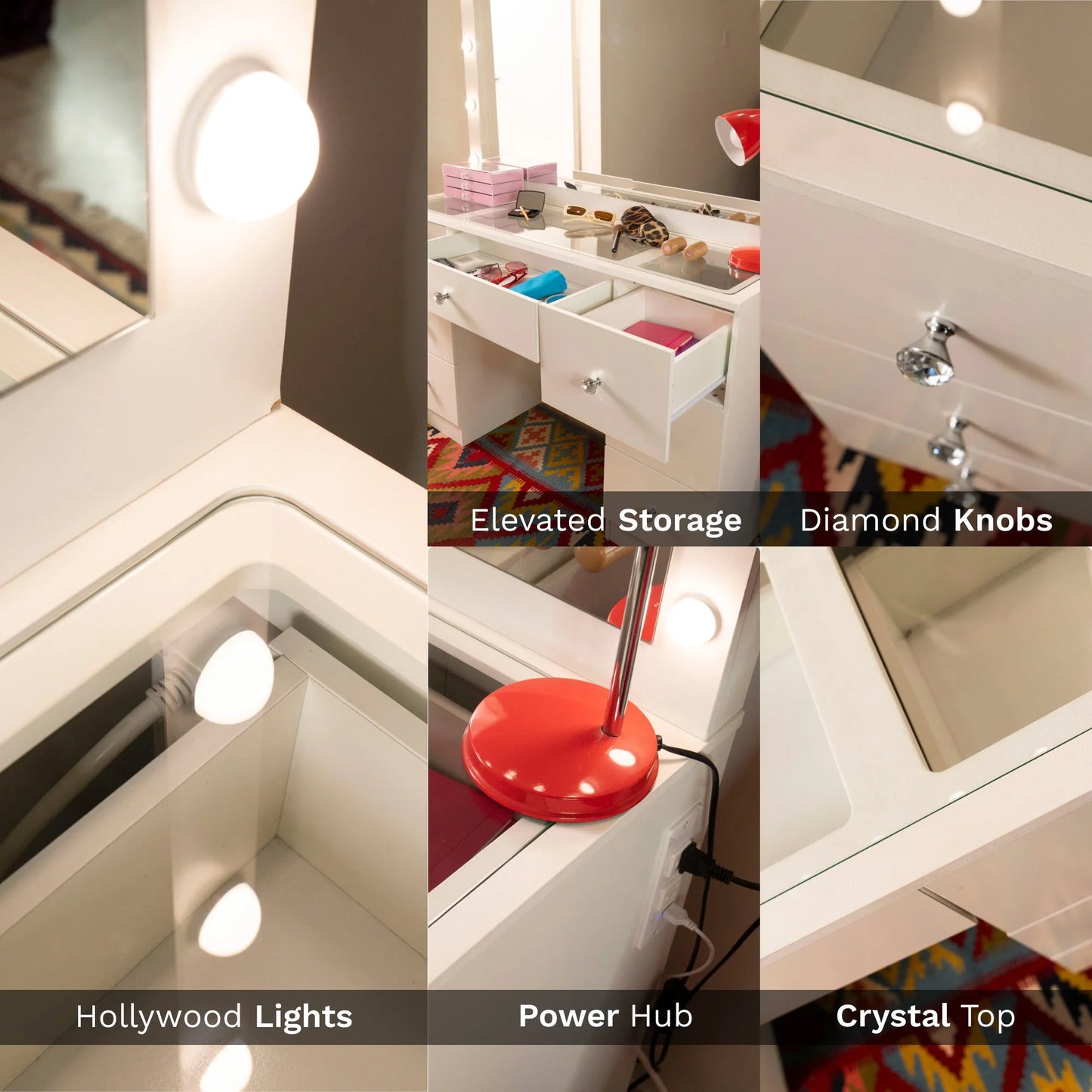 Glossy White Makeup Vanity Set, 13-Bulb Mirror, USB/Outlet