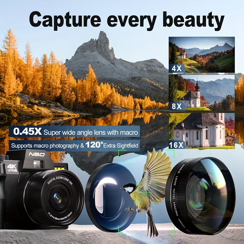 Camera lens with scenic views and text 'Capture every beauty' on a mountain landscape.