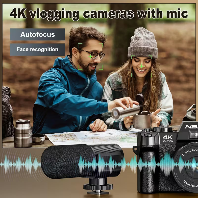 Promotional graphic for a 4K vlogging camera with microphone. The top text reads '4K vlogging cameras with mic' and lists features like Autofocus and Face recognition.